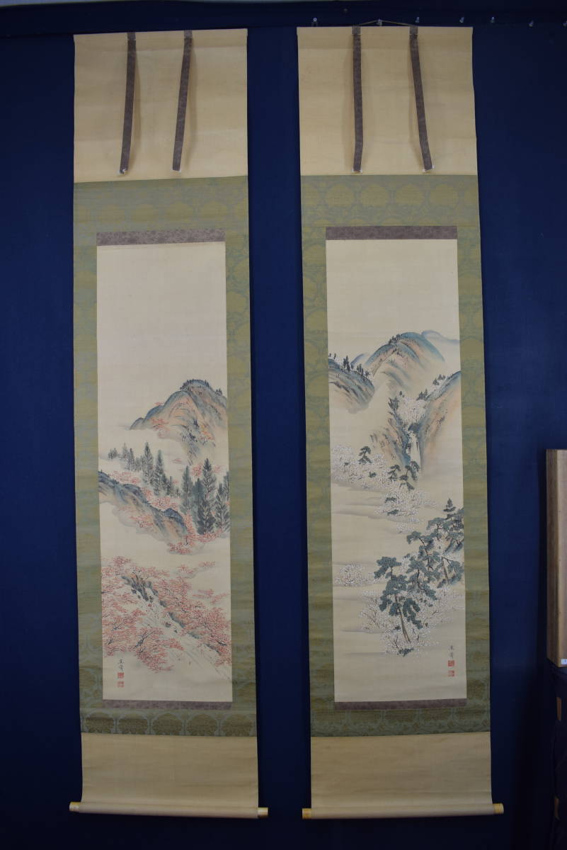 Authentic work/Kansai Mori/Spring and Autumn Landscape/Pair of scrolls//Hanging scroll☆Treasure ship☆X-990 JM, Painting, Japanese painting, Landscape, Wind and moon