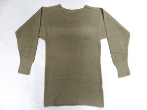 J Vintage 30S 40S 50S green khaki green plain C neck wool under wear - shirt long T rare military army rib cut and sewn 