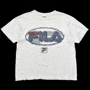 90s usa vintage FILA フィラ ビッグロゴ プリント Tシャツ 杢グレー size.L