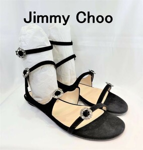 【新品】ジミーチュウ　Jimmy Choo ラインストーン装飾 スェード　NAIA FLAT アンクルストラップ　サンダル　黒 36.5