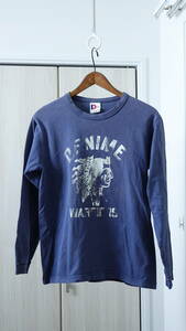 ★DENIMEドゥニーム ハンドペイント風ロングTシャツ　　古着ユーズド男性メンズS青ネイビー藍色ブルーネイティブ民族インディアントップス