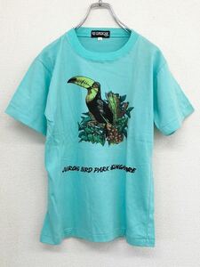 【美品】　オオハシ　鳥　アニマルイラスト　半袖Tシャツ　トップス　エメラルドグリーン　メンズ　Sサイズ　レトロ　古着