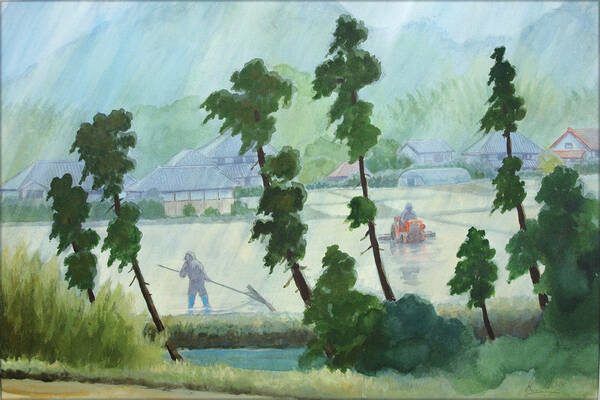 【絵画】「水明のころ～雨の日の代かき作業」　水彩画