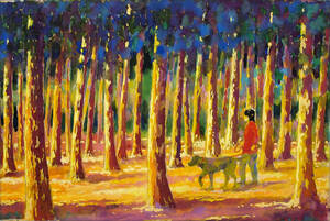 【絵画】「夕日を浴びて~ 森の散歩道」 水彩画, 絵画, 水彩, 自然、風景画