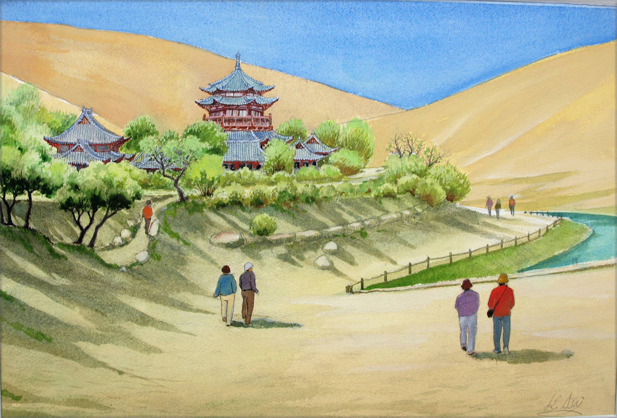 [Pintura] Ruta de la Seda ~ La Torre de Getsugasen pintura en acuarela de Shinsaku, cuadro, acuarela, Naturaleza, Pintura de paisaje