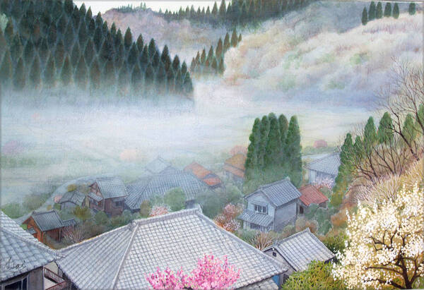 【絵画】「朝霧につつまれて~ 梅の花咲くころ」 水彩画 真作