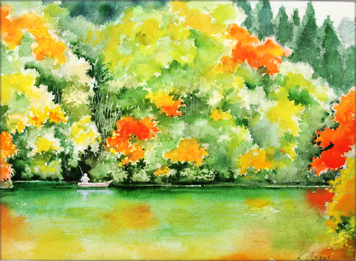 [Painting] Fishing in a mountain lake Watercolor painting, painting, watercolor, Nature, Landscape painting