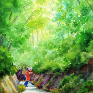 【絵画】「蝉時雨」 水彩画 真作