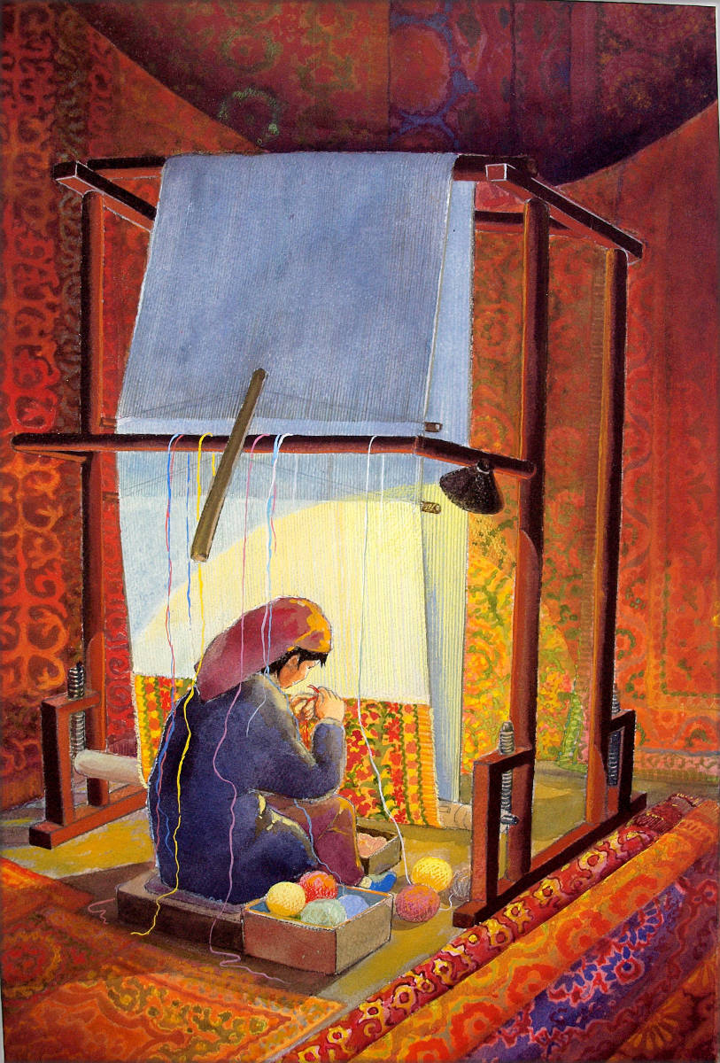 [Pintura] Ruta de la Seda ~ Niña tejiendo una alfombra Pintura de acuarela de Shinsaku, cuadro, acuarela, Naturaleza, Pintura de paisaje