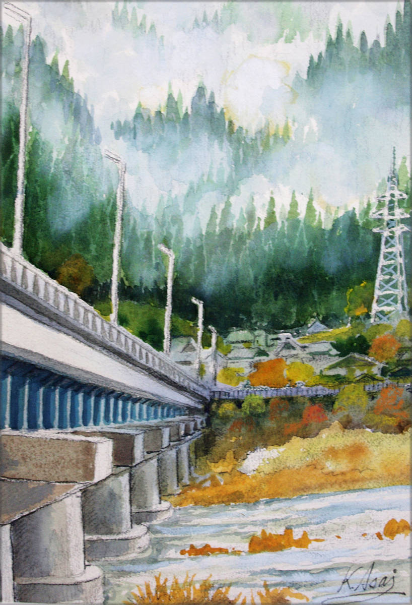 [Gemälde] Aquarellmalerei der Asagiri-Brücke am Hida-Fluss, echte Arbeit, Malerei, Aquarell, Natur, Landschaftsmalerei