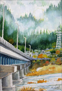 Art hand Auction [Живопись] Мост Асагири через реку Хида Акварельная живопись, настоящая работа, Рисование, акварель, Природа, Пейзаж