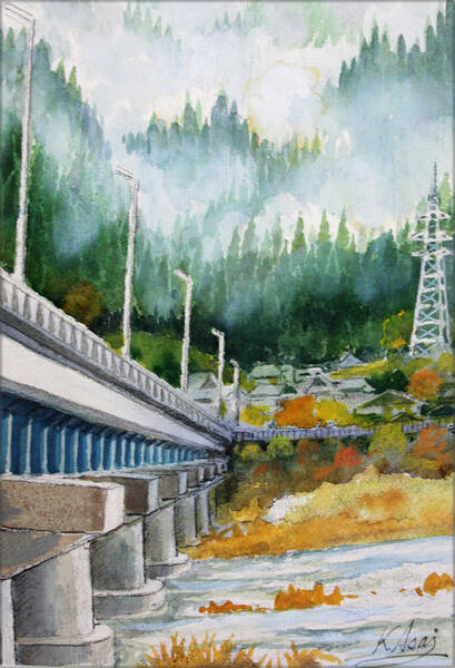 【絵画】「飛騨川あさぎり橋」　水彩画　真作