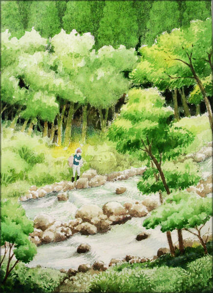 【絵画】「渓流の釣り」　水彩画