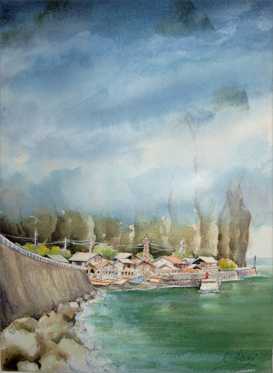 水彩画 通往龙飞岬的道路 海雾弥漫 原画 正宗, 绘画, 水彩, 自然, 山水画