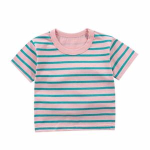 キッズ　子供服　100cm Tシャツ　ボーダー　ストライプ　ピンク　グリーン　緑　韓国　かわいい　おしゃれ