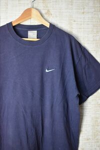 ☆US古着 NIKE ナイキ Tシャツ ロゴ刺繍 ネイビー紺【L】コットン　　　　　◆3077◆