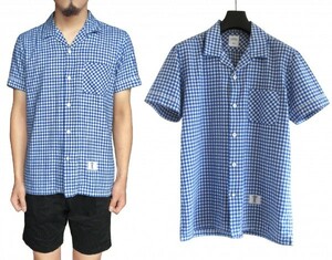 BEDWIN S/S B.D OPEN COLLAR SHIRT GINGHAM CHECK 2 open color silver chewing gum check shirt blue white . collar * letter pack post service shipping 