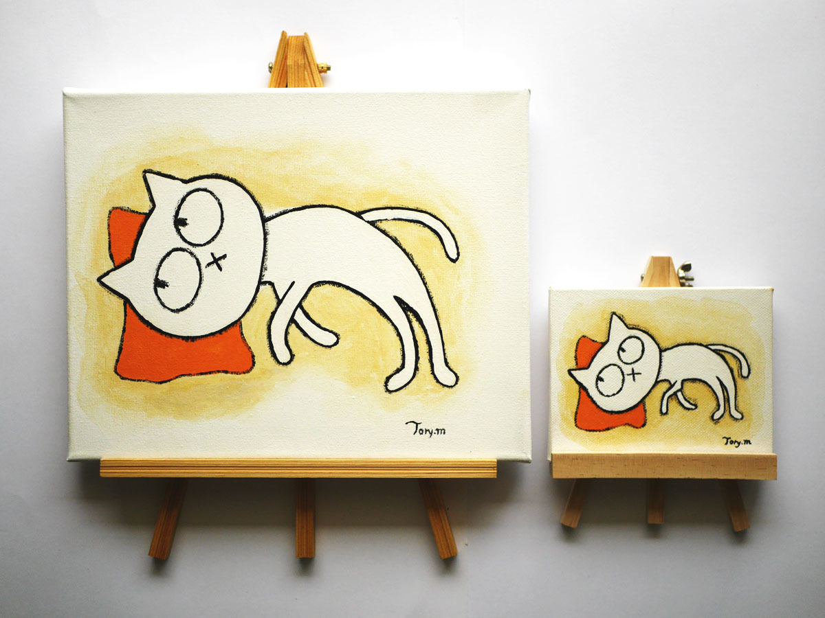 ◇ [Pintura acrílica dibujada a mano] Torymanz (Seichiro Aoki) Shinsaku White Cat/No.012 ① Número F3 + ② Juego de 2 mini lienzos de 2 discos *Pintura de gato, obra de arte, cuadro, acrílico, gouache