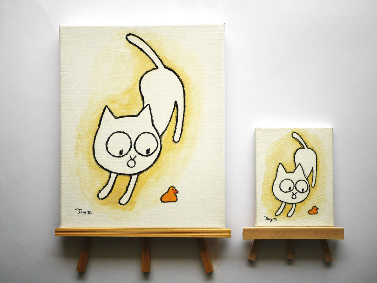 ◇ [Peinture acrylique dessinée à la main] Torymanz (Seichiro Aoki) Shinsaku White Cat/No.013 ① Numéro F3 + ② Mini toile 2 disques *Peinture de chat, ouvrages d'art, peinture, acrylique, gouache