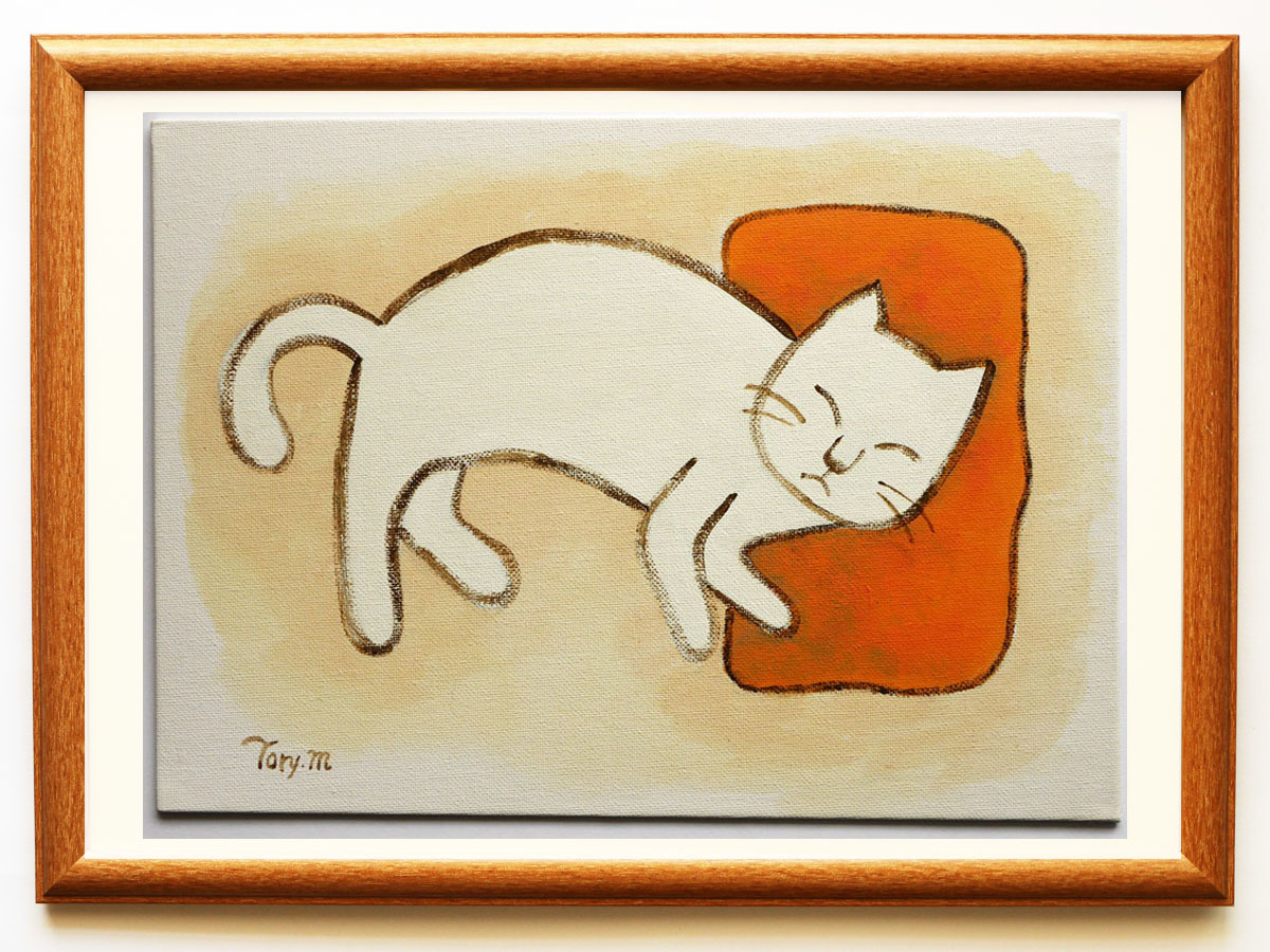 ◇ [Hand-drawn acrylic painting] Torymanz (Seichiro Aoki) Shinsaku White Cat/No.008 F4 *Cat painting, artwork, painting, acrylic, gouache