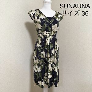 [ super-beauty goods ]SUNAUNA* SunaUna One-piece French sleeve dress botanikaru pattern stretch 