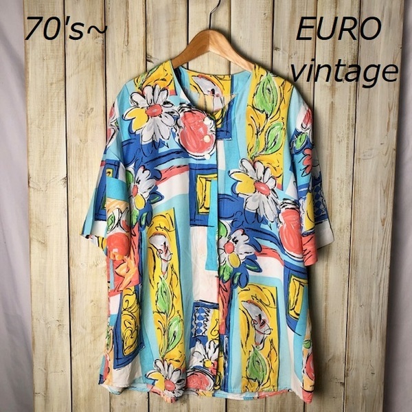 ヨーロッパ古着 70s～ ヴィンテージ レトロ ノーカラー 比翼柄シャツ ブラウス レーヨン オールド ユーロ古着 EURO 80s 90s　●15