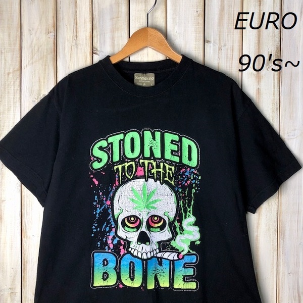 T●237 EURO古着 90s～ Sanmarino STONED BONEドクロ クラックTシャツ L～XL 黒 スカル オールド ヴィンテージ ヨーロッパ古着 ユーロ