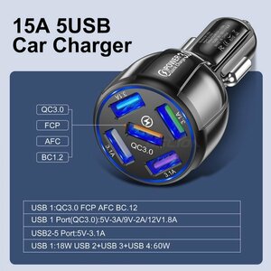 最強15A QC3.0 5ポート 多機能充電 カーチャージャー シガーソケット USB 車載充電器 Quick Charge XZ/XZ2 Galaxy S9/S8 GoPro Hero