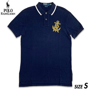 国内正規品■POLO by Ralph Lauren (ポロ ラルフローレン) R碇ロゴ 刺繍 鹿の子 半袖ポロシャツ 紺白ネイビーS [CUSTOM FIT]