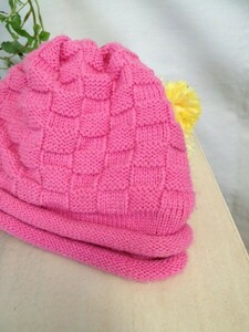 ◆ピンクのブロック編みが可愛いニット帽◆幼稚園サイズ◆