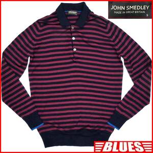 即決★英国製 JOHN SMEDLEY★メンズS ニット シャツ ジョンスメドレー 黒 赤 ボーダー柄 ヘンリーネック 長袖シャツ