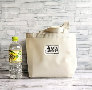 手刺繍の文房具のワッペン PVCミニトートバッグ オフホワイト 撥水防水 ランチバッグ エコバッグ