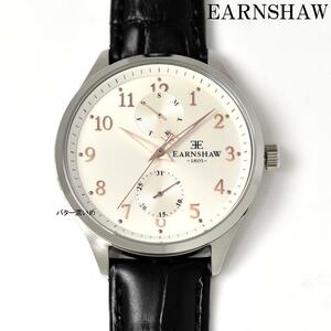 EARNSHAW 腕時計 メンズ クオーツ ブラック革ベルト レザーベルト ES-8079 クラシック ホワイトアイボリー文字盤 新品