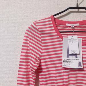 送料無料 タグ付き 新品 WORLD BASIC ワールド 長袖 ロング Tシャツ ピンク ボーダー Sサイズ