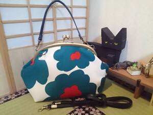 北欧 フラワー ブルー 花 がま口 ショルダー バッグ ハンドメイド 斜めかけ 和装 着物 お散歩 コスメ ポーチ サブバッグ コンパクト サイズ