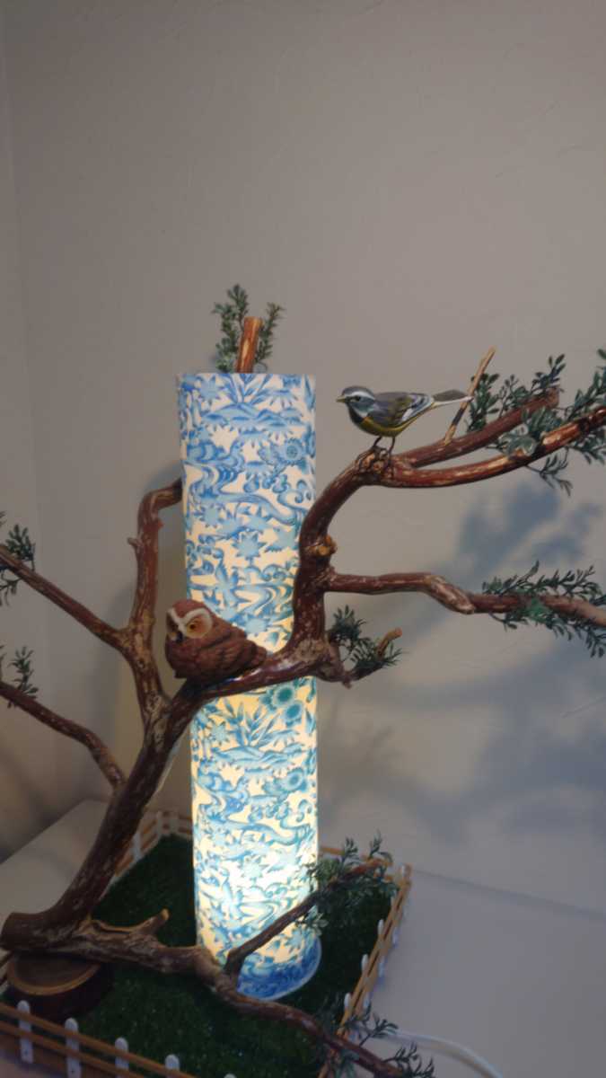 luz, Estatuilla (búho, Pequeño pájaro y patrón azul., Luz del cilindro), Artículos hechos a mano, interior, bienes varios, ornamento, objeto