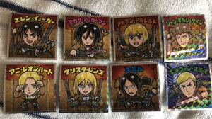 ビックリマン 進撃の巨人マンチョコ シール 絶望の炎編 エレン ミカサ アルミン ジャン アニ クリスタ ユミル エルヴィンスミス