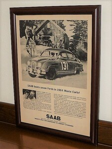 1964年 USA '60s 洋書雑誌広告 額装品 ”SAAB beats seven Fords in 1964 Monte Carlo!” サーブ 96 Erik Carlsson ( A4size・A4サイズ )