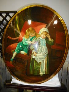 絵画　２人の子供　少女と少年　壁飾り　カメオ型　インテリア　中古品