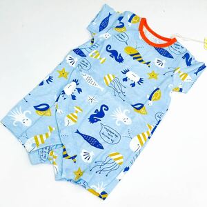 【新品未使用】baby ampersand ベビーアンパサンド カバーオール 半袖　海の生き物サックス 水色 魚　80cm ロンパース 男の子 エフオー