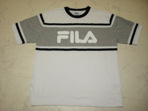 ● FILA フィラ メンズ 大きいロゴ ライン入り 半袖 Tシャツ トップス ホワイト 白 グレー ブラック 黒ライン Lサイズ ポリエステル 綿