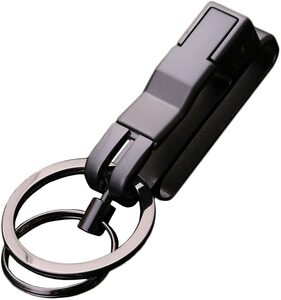 【送料無料】ダブルリング キーホルダー キーリング ベルト ループ カラビナ フック ファッション 金属製 ブラック 黒 PR-ZB8782-BK