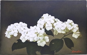 e5862　真作保証　油彩　静物画　小向貢嗣　「紫陽花」　1988年　M10号　額縁