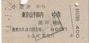 昭和54年●小金井から東京山手線内ゆき●硬券●国鉄●送料84円～。