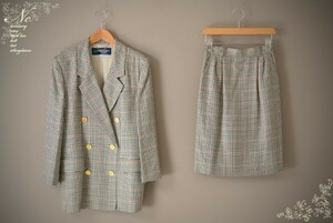 値下!USED*CARA O CRUZ/キャラオクルス/Leilian/レリアン/9号/DORMEUIL/ドーメル生地/日本製チェック柄シルク混セットアップスーツ/上品