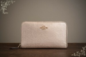 値下!美品*定価2.5万!COACH/コーチ/ミディアムジップアラウンドウォレット/クロスグレインレザー長財布/グリッターピンク