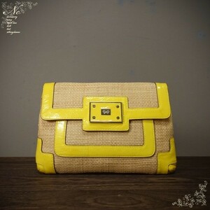 値下!訳あり特価!USED*Anya Hindmarch/アニヤハインドマーチ/ラフィアクラッチバッグ/イエロー/黄色/エナメルラインかごバッグ