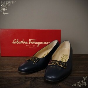 値下!USED*Salvatore Ferragamo/サルヴァトーレフェラガモ/5.5/22.5cm相当/イタリア製チャンキーヒールガンチーニパンプス/紺/小さいサイズ