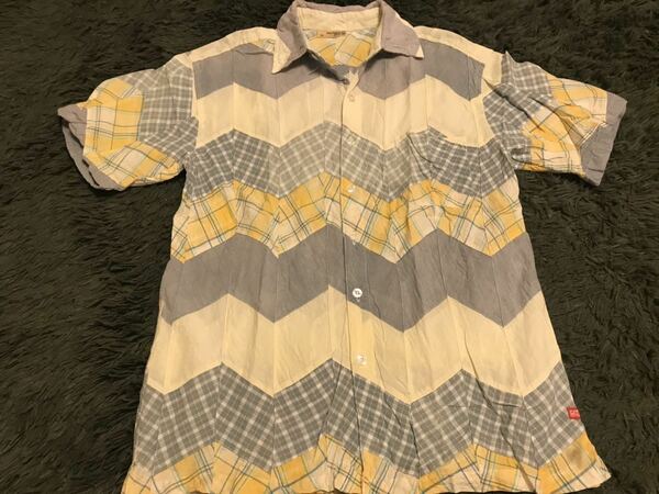 古着　パッチワークシャツ　半袖シャツ　黄色系　80s 90s ビンテージ