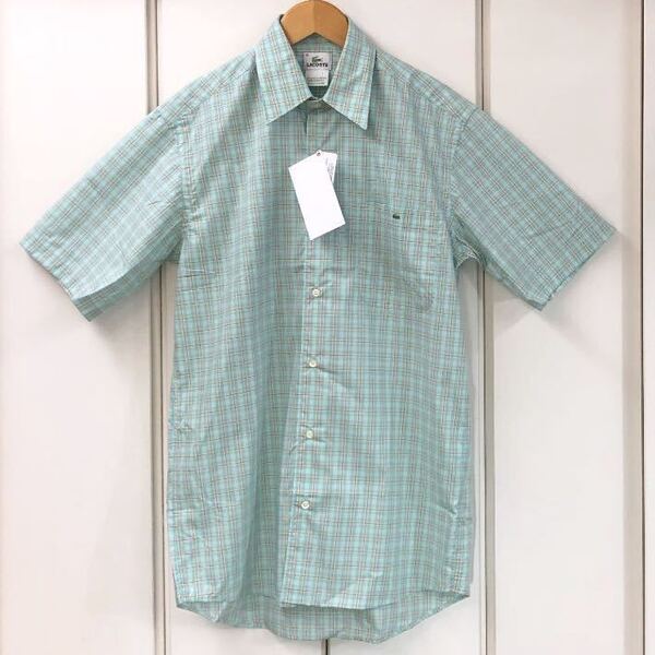 新品 LACOSTE 半袖 チェック ボタン シャツ(38/S)ライトエメラルドグリーン